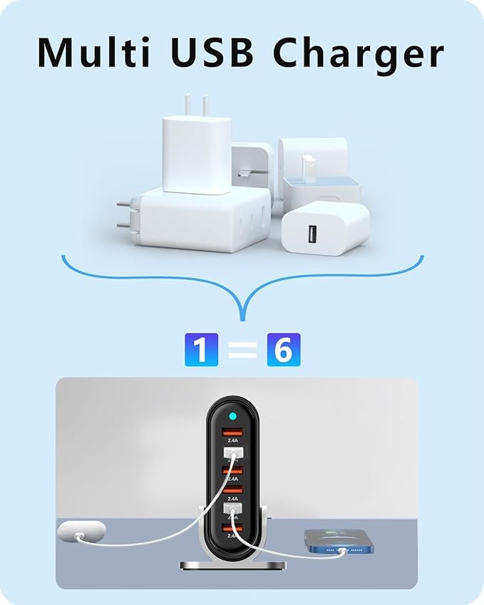 6 Port USB Charging Station, Type A Charger, Multi USB Charger for iPhone 14/13 /12/11Series, iPad Pro/Air/Mini, Galaxy, LG and More