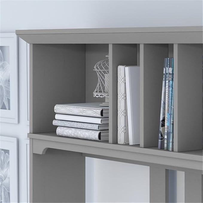 Pemberly Row 60W L Shaped Desk with Hutch and Bookcase, Cape Cod Gray Finish, 5 Shelf Bookcase, Space-Saving Corner Desk, Adjustable Shelves, Cottage Style Furniture for Home Office Use