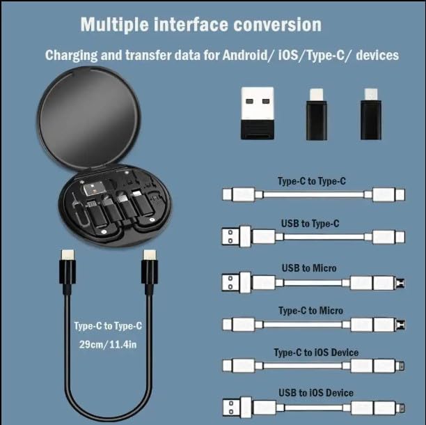 Multi USB Traveling Adapter Case Including Type C to iOS,Ejector pin, Micro-USB, USB,12in Type C Cable up to 60W PD, Fast Charging, and SIM Card Slot with Mirror.
