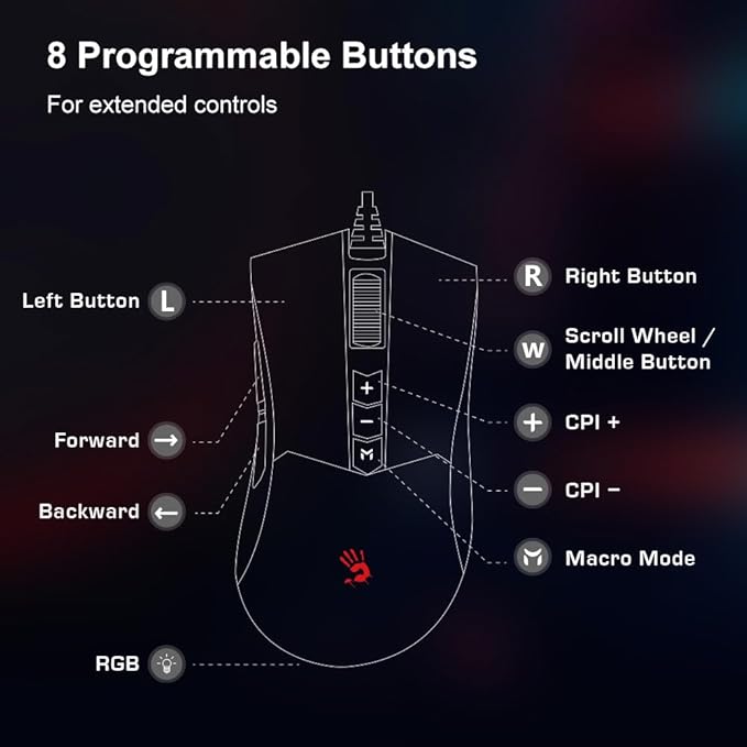 Bloody ES9Pro FPS RGB Gaming Mouse, PMW3327 Chip, 6200 CPI, 2000Hz Report Rate, 220 IPS, 4M Onboard Memory, Fully Programmable with Advanced Preset Macros