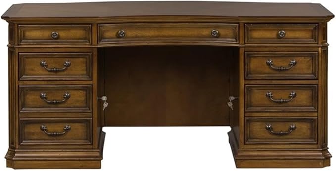 Pemberly Row Jr Executive Office Set, Medium Brown Finish, Antique Toffee Poplar & Birch Veneers, 5-Piece, Includes Desk, Credenza, Hutch, Adjustable Shelves, Touch LED Lighting, Wire Management