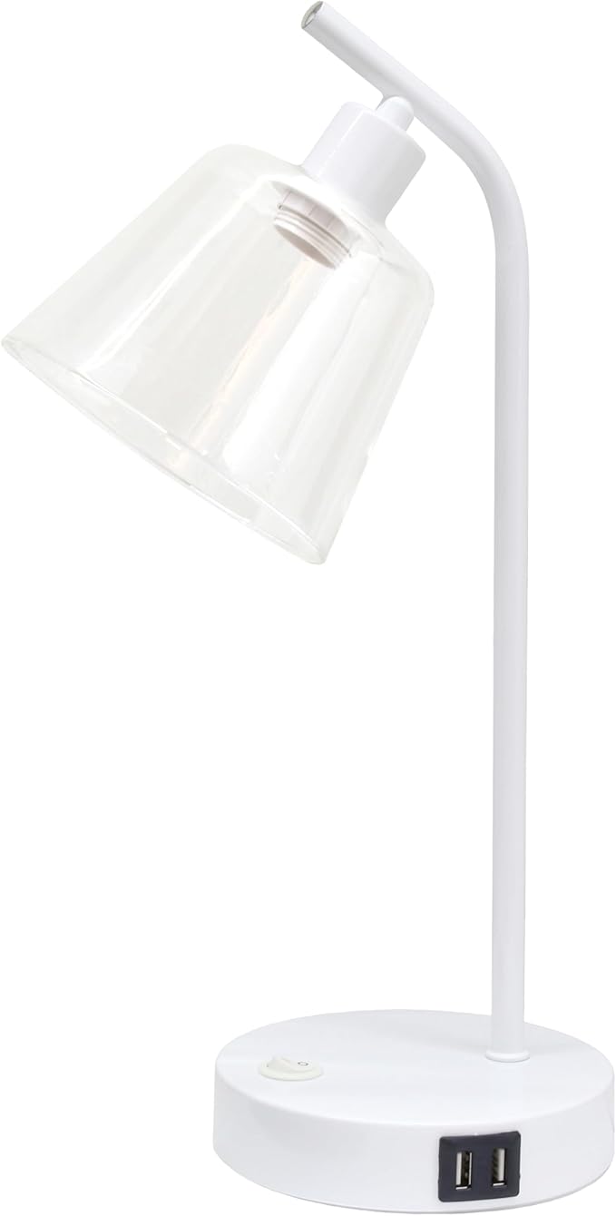Simple Designs LD1074-WHT 15.75" Sleek Essentials Modern Industrial Metal Desk Lamp with Clear Glass Shade and Dual USB Ports, for Office, Desk, Nightstand, Dorm, White