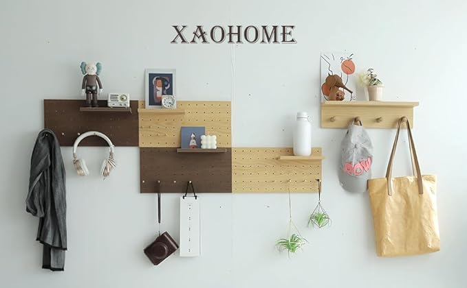 Wooden Pegboard, Sturdy Peg Board for WallsModular Grid Organizer, DlY Storage and Display Panels withShelves and Brass Hooks(Wainut Color)