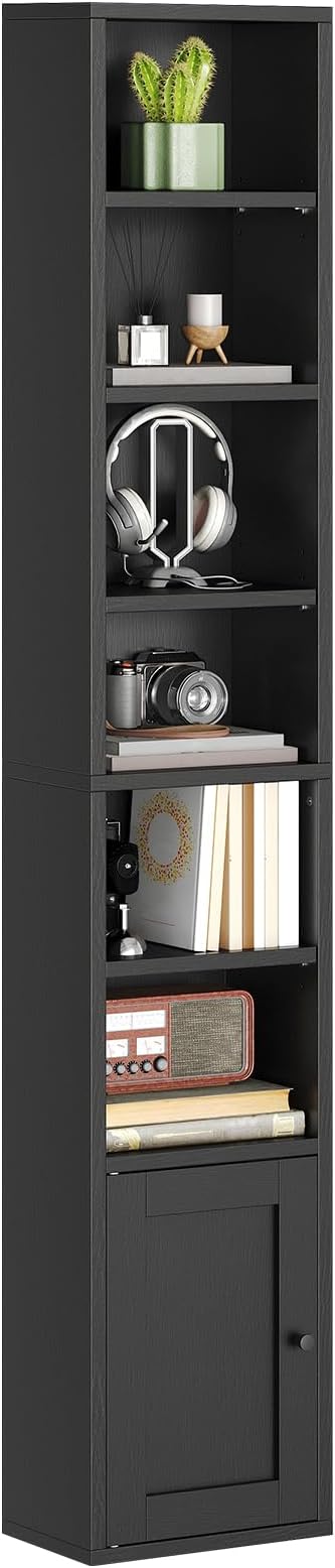 RALGEND 7-Tier Tall Narrow Bookshelf with Door Set of 4, 70.9 Inches CD DVD Slim Media Tower Rack with Storage Cabinet, Adjustable Shelves, Skinny Bookshelf Display Bookcase for Home Office, Black