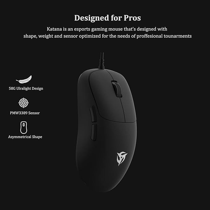Ninjutso Katana Lightweight Gaming Mouse – 58G Ultralight Design with 16K DPI Optical Sensor, Assassin Paracord, Crispy Kailh GM8.0 Switch & 100% PTFE Feet