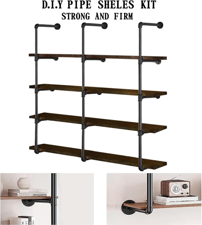 HITOMEN Industrial Iron Pipe Shelves, 3 Set 5-Tier, 55" Tall, 12" Depth, DIY Open Bookshelf Bookcase, Wall Mounted Vintage Retro Shelving, Rustic Farmhouse Pantry Kitchen Storage, Black Shelf Brackets