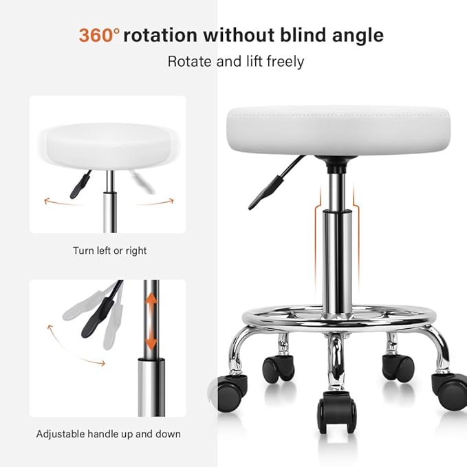 KKTONER PU Leather Round Rolling Stool with Foot Rest Swivel Height Adjustable Stool Spa Drafting Salon Tattoo Work Office Massage Task Chair White Small (White)