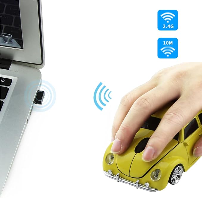 elec Space Wireless Mouse, 2.4GHz Wireless Computer Mouse Cool 3D Sport Car Shape Ergonomic Optical Cordless Mice with USB Receiver for PC Laptop Notebook 1600DPI Yellow