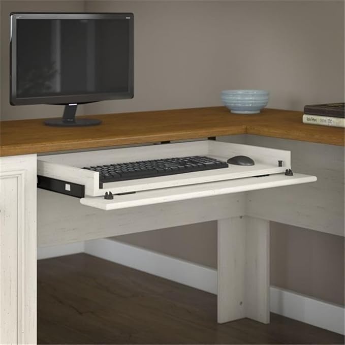 Pemberly Row 3 Piece Office Set, Antique White Finish, Laminate Over Engineered Wood, Includes L Shaped Desk, Bookcase, Lateral File Cabinet, Space-Saving Home Office Furniture