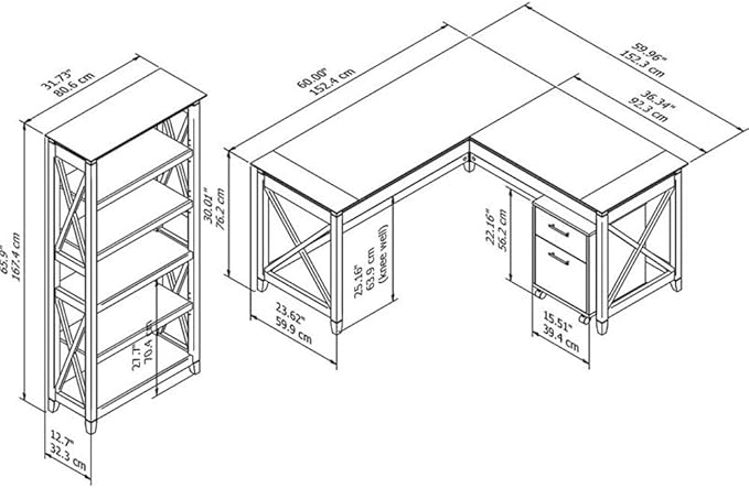 Bush Home Key West 60W L Shaped Desk with File Cabinets and 5 Shelf Bookcase in Bing Cherry