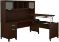 Pemberly Row 72W Sit to Stand L Desk with Hutch, Engineered Wood, Mocha Cherry Finish, Adjustable Height, Frosted Glass Doors, File Drawer, Office Workspace, Ergonomic Design for Home or Office Use