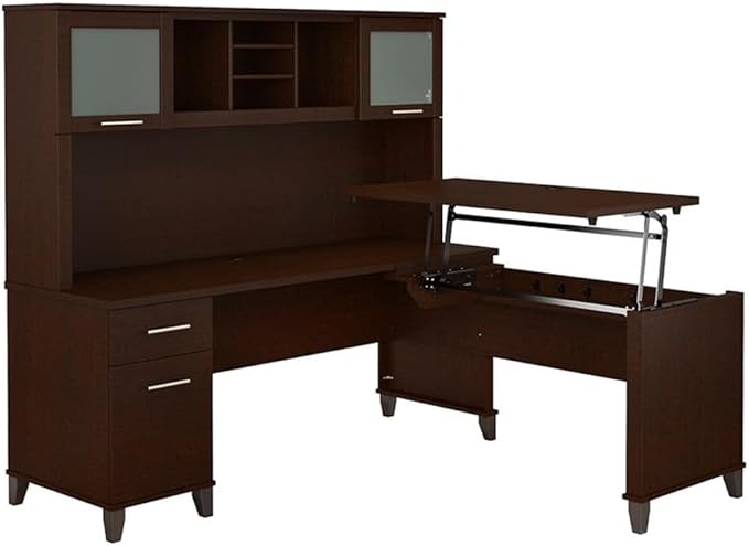 Pemberly Row 72W Sit to Stand L Desk with Hutch, Engineered Wood, Mocha Cherry Finish, Adjustable Height, Frosted Glass Doors, File Drawer, Office Workspace, Ergonomic Design for Home or Office Use