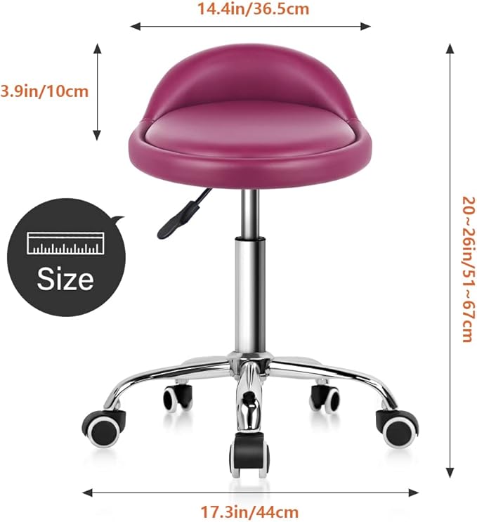 KKTONER PU Leather Round Rolling Stool with Back Rest Height Adjustable Swivel Drafting Work SPA Medical Task Chair with Wheels (Rose red)