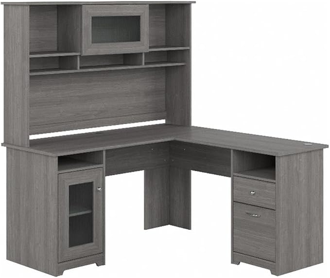 UrbanPro 60W L Shaped Computer Desk with Hutch, Engineered Wood, Modern Gray Finish, Built-In Wire Management, File Drawer, Adjustable Shelf, Fluted Glass Door, Home Office Desk for Storage and