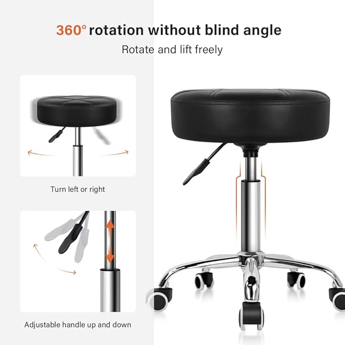 KKTONER Round Rolling Stool PU Leather Height Adjustable Swivel Drafting Work SPA Medical Salon Stools Chair with Wheels Black