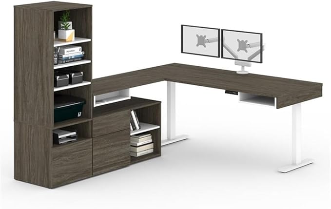 Pemberly Row 72" L-Shaped Standing Desk Set, Walnut Gray Finish, Adjustable Height, Dual Monitor Arms, Storage Shelves, Credenzas, Home Office Furniture Solution