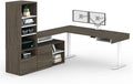 Pemberly Row 72" L-Shaped Standing Desk Set, Walnut Gray Finish, Adjustable Height, Dual Monitor Arms, Storage Shelves, Credenzas, Home Office Furniture Solution