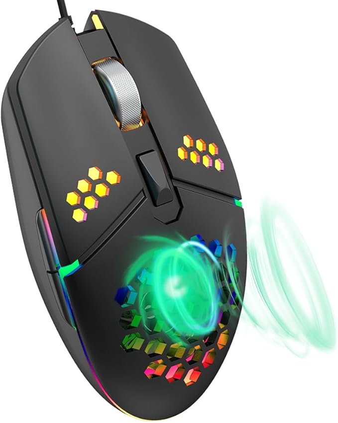 Newly Wired Gaming Mouse with Fan, Cooling Fan Honeycomb PC Mouse RGB Led Gaming Mouse for Laptop, Silent Click & 4 DPI Levels - No Sweaty Palm