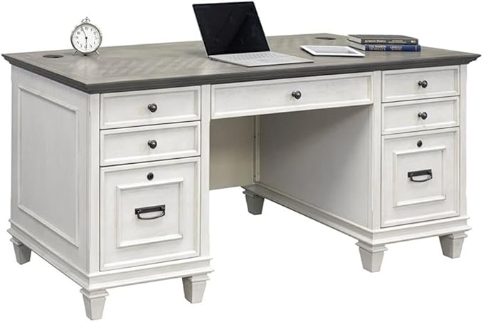 BOWERY HILL Set of 3 Double Pedestal Desk & Bookcase with Doors & File Cabinet