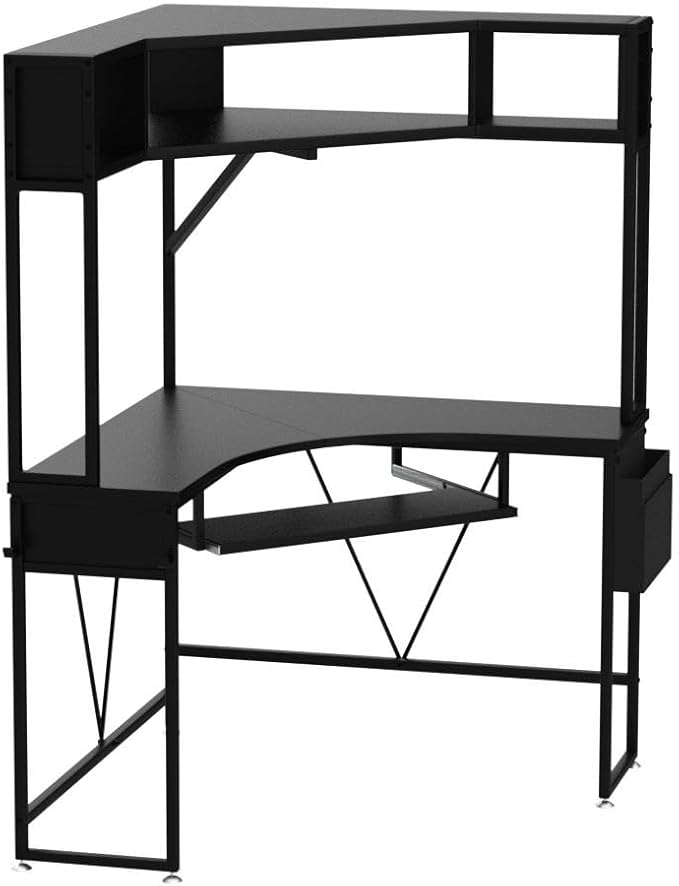SEDETA Corner Desk, Small Computer Desk with Hutch & LED Lights, Triangle Corner Gaming Computer Desk with Keyboard Tray, Storage Bag, and Headphone Hook for Small Space, Home Office Desk, Black