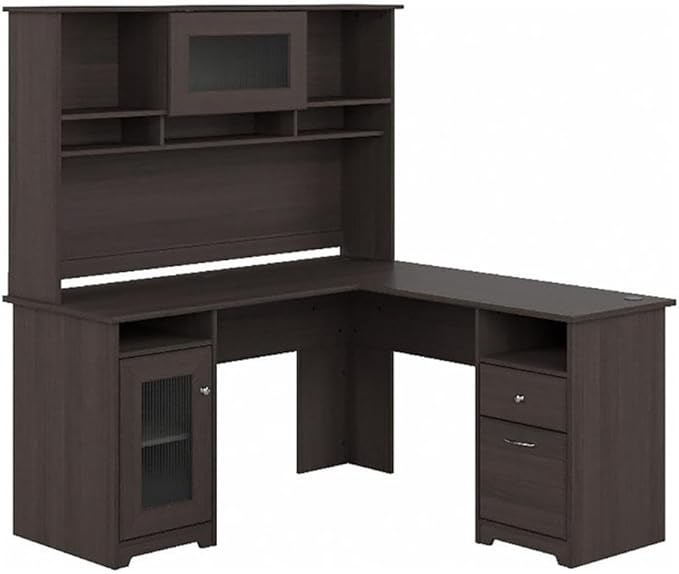 Pemberly Row 60" L-Shaped Wood Desk with Hutch, Heather Gray Finish, Durable Office Desk with Storage Cabinet, Fluted Glass Door, USB Hub, Wire Management, Home Office Workspace