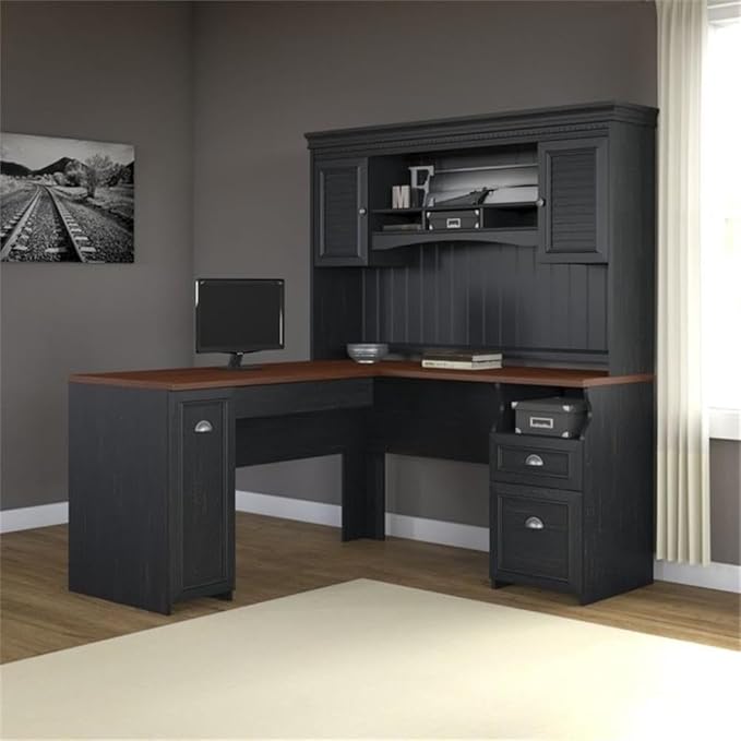 Pemberly Row 2 Piece Office Desk Set, Antique Black Finish, Laminate Over Engineered Wood, L Shaped Desk with Hutch, Storage Shelves, Drawers, Space-Saving Design for Home Office