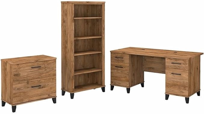 Pemberly Row 60W Office Desk Set, Fresh Walnut Finish, Engineered Wood, Includes Desk, File Cabinet & 5 Shelf Bookcase, Adjustable Shelves, Wire Management, Home Office Furniture for Workspace or