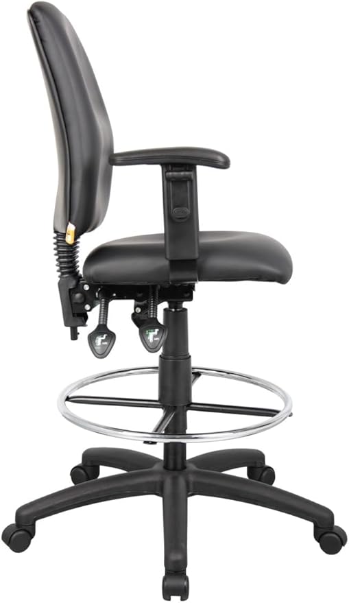 Pemberly Row Multi-Function Leather Drafting Stool, Adjustable Arms, Black Upholstery, Chrome Footring, Hooded Casters, 48" H x 27" W x 35.5" D, Ergonomic Office Chair for Workspace or Studio Use