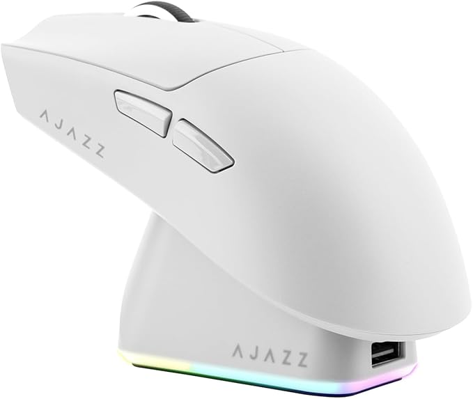 MechLands AJAZZ AJ139P V3 MC Wireless Mouse with Charging Base, 3 Modes Gaming Mouse with 800mAh Battery, Adjustable 24,000 DPI, PAW3311 Sensor, 1000 Polling Rate, 69g Lightweight, Win/Mac (White)