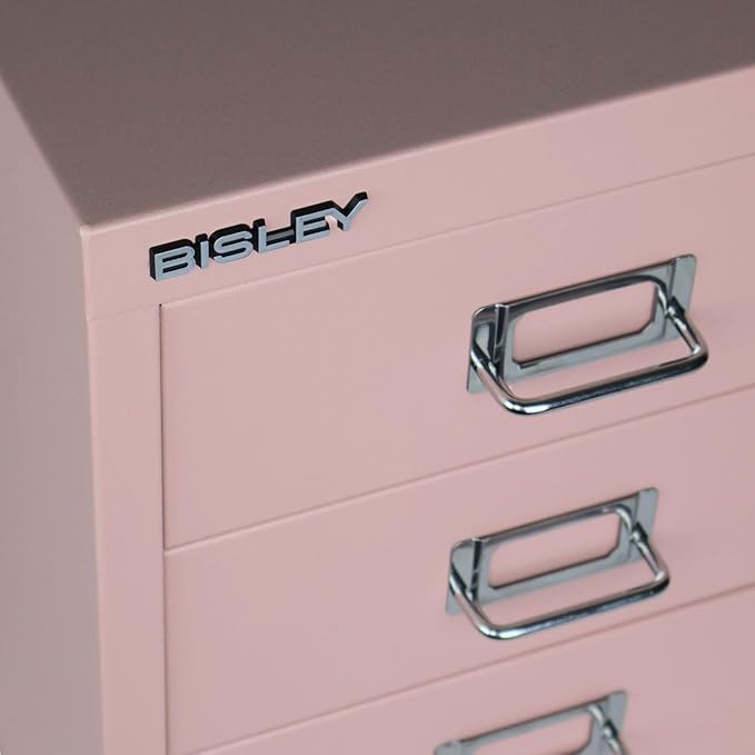 Bisley 3-Drawer Steel MultiDrawer Cabinet - Palest Pink, Chrome Pull Handles with Label Holders, Powder-Coated Steel, Removable Drawers, Desktop Storage, Labels Included