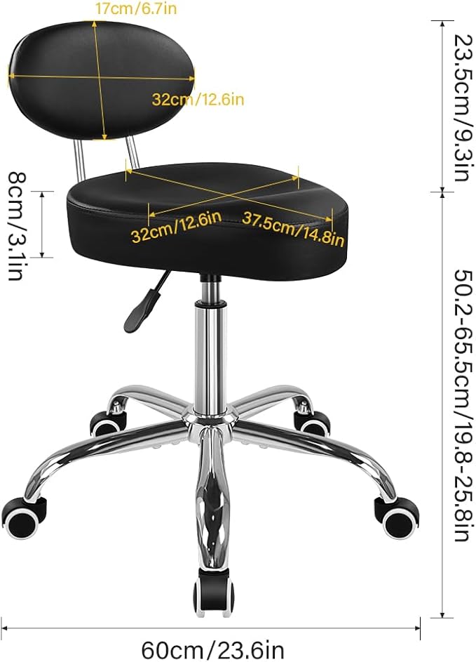 WKWKER Saddle Stool with Back Adjustable Drafting Chair Swivel Rolling Stool with Backrest PU Leather Saddle Chair for Office Lab Drafting Counter Salon Barber Shop Kitchen Front Desk (Black)