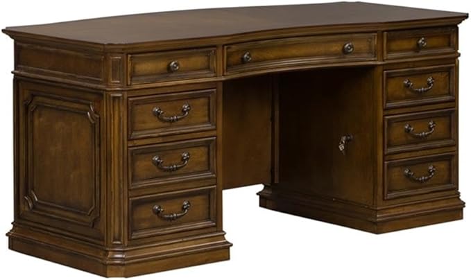 Pemberly Row Jr Executive Office Set, Medium Brown Finish, Antique Toffee Poplar & Birch Veneers, 5-Piece, Includes Desk, Credenza, Hutch, Adjustable Shelves, Touch LED Lighting, Wire Management