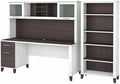 Pemberly Row 72W Desk with Hutch and Bookcase, Engineered Wood, White/Gray Finish, Frosted Glass Doors, Adjustable Shelves, Wire Management, Home Office Furniture Set