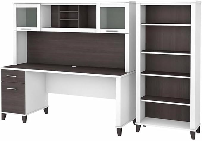 Pemberly Row 72W Desk with Hutch and Bookcase, Engineered Wood, White/Gray Finish, Frosted Glass Doors, Adjustable Shelves, Wire Management, Home Office Furniture Set