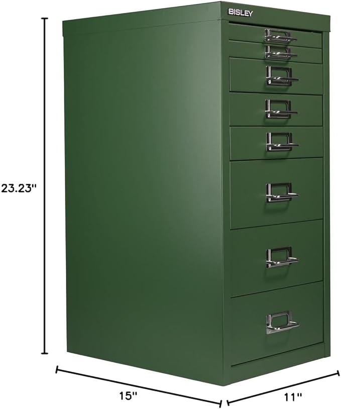 Bisley 8-Drawer Steel MultiDrawer Cabinet - Olive Green, Chrome Pull Handles with Label Holders, Powder-Coated Steel, Removable Drawers, Fits Under Most Desks, Labels Included