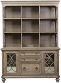 BOWERY HILL Traditional Wood 3-Piece Desk and Hutch Set, Heathered Taupe Finish, 60x28x30 in Desk, Rubberwood and Cathedral White Oak Veneers, Antique Brass Hardware, Elegant Office Furniture for