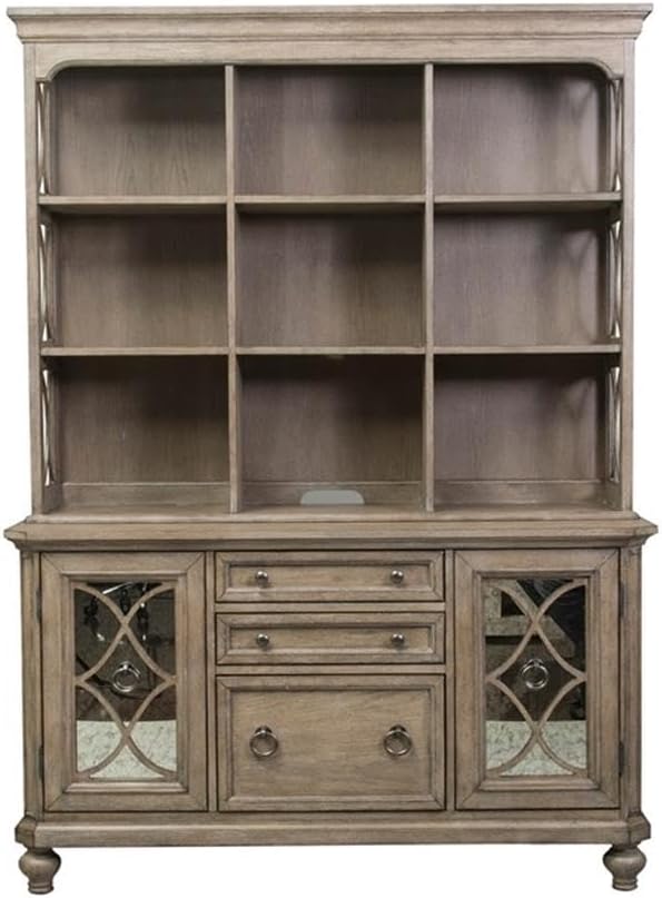 BOWERY HILL Traditional Wood 3-Piece Desk and Hutch Set, Heathered Taupe Finish, 60x28x30 in Desk, Rubberwood and Cathedral White Oak Veneers, Antique Brass Hardware, Elegant Office Furniture for