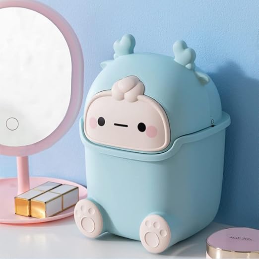 Cute Desktop Trash Can Wastebasket with 90 Trash Bags, Creative Tiny Countertop Garbage Can with Flip Lid, Small Plastic Storage Bin for Bedroom, Bathroom, Kitchen, Office(Sky Blue)