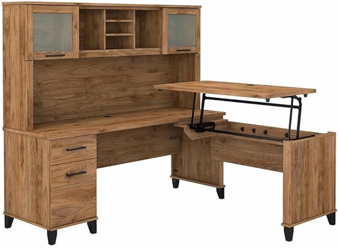 Pemberly Row 72W Sit to Stand L Shaped Desk with Hutch, Fresh Walnut Finish, Engineered Wood, Adjustable Height, Frosted Glass Doors, File Drawer, Ergonomic Office Desk for Home or Workspace