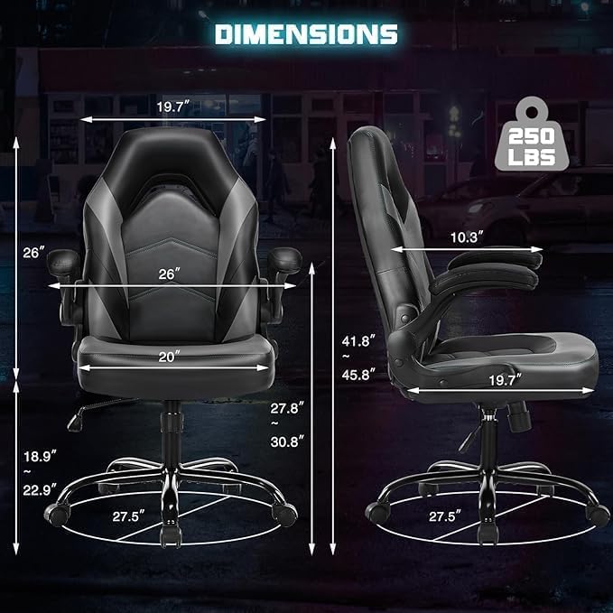 DUMOS Ergonomic Computer Gaming Chair with Flip-up Armrest, Height Adjustable PU Leather Home Office Desk Chair with Lumbar Support Swivel Wheels and for Adults and Kids, Black and Gray