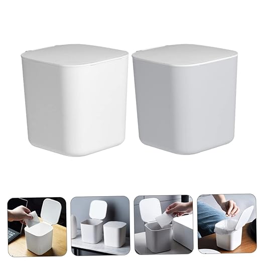2pcs Mini Desktop Trash Bins Slim Garbage Cans Lids Office Waste Containers Trash Can Lids Car Bin