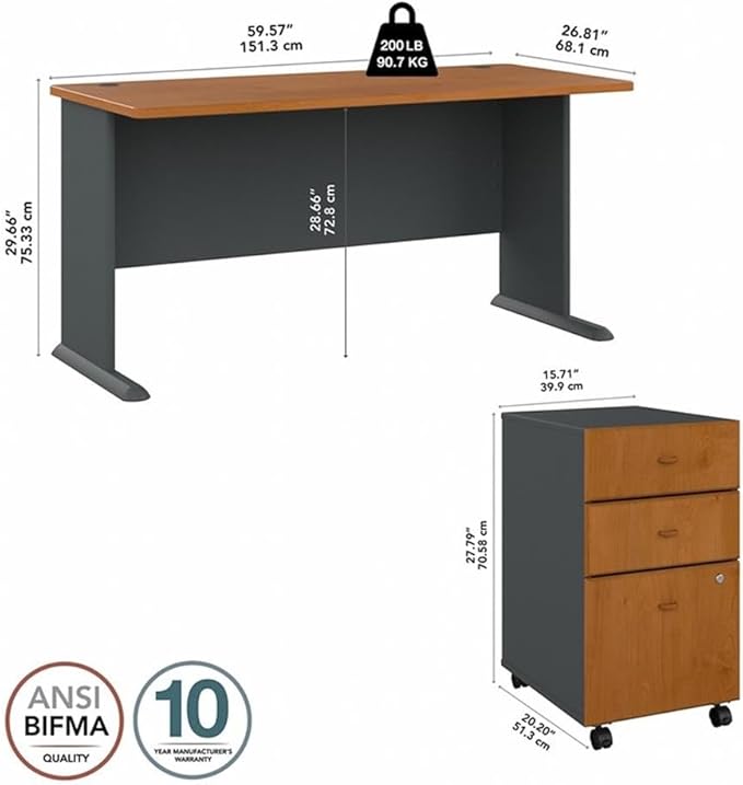Bush Business Furniture Series A 60W Desk with Mobile File Cabinet in Natural Cherry and Slate