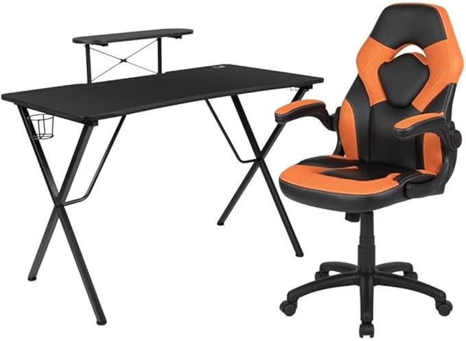 BOWERY HILL 2 Piece Gaming Desk Set, Black Laminate Desk with Raised Monitor Stand, Ergonomic High Back Chair, Orange Mesh Inserts, Built-in Lumbar Support, Contemporary Style for Gaming Setup