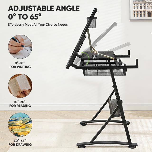 Magshion Professional Drafting Table for Teens w/Stool, Tilting GlassTabletop & Adjustable Height, Art Craft Desk Watercolor Paintings Sketching Work Station for Studio Home Office School (Clear)