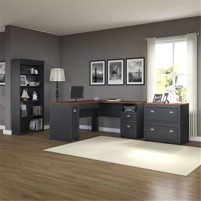Pemberly Row 3 Piece Office Set, Laminate Over Engineered Wood, Antique Black Finish, Includes L Shaped Desk, Bookcase With Adjustable Shelves, Lateral File Cabinet, Space-Saving Home Office Furniture