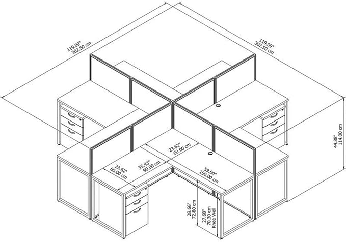 Pemberly Row 4 Person L Desk with Drawers, 45H Panels, Engineered Wood, White Finish, Includes Filing Cabinets, Wire Management, Durable Office Furniture Set for Collaborative Workspaces