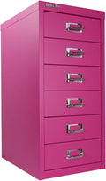 Bisley 6-Drawer Steel MultiDrawer Cabinet - Fuchsia, Chrome Pull Handles with Label Holders, Powder-Coated Steel, Removable Drawers, Fits Under Most Desks, Labels Included