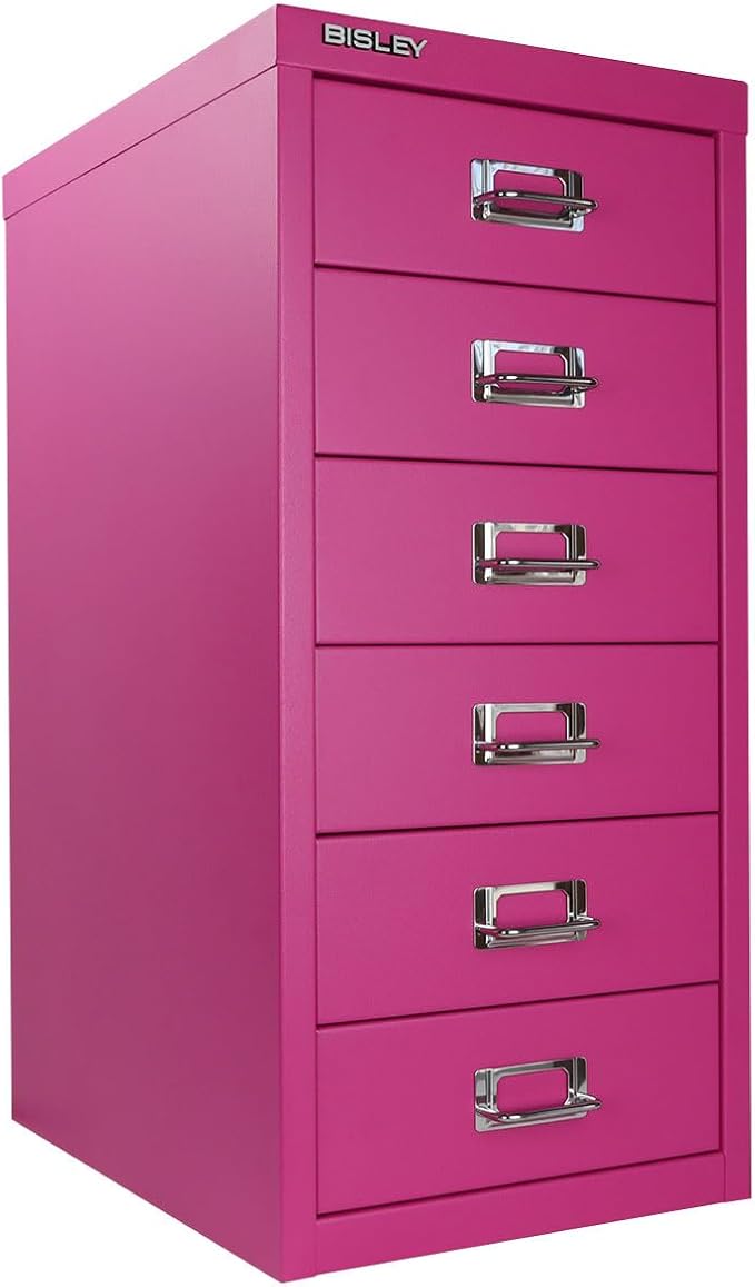 Bisley 6-Drawer Steel MultiDrawer Cabinet - Fuchsia, Chrome Pull Handles with Label Holders, Powder-Coated Steel, Removable Drawers, Fits Under Most Desks, Labels Included