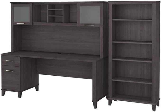 Pemberly Row 72W Office Desk with Hutch and Bookcase, Storm Gray Engineered Wood, Frosted Glass Doors, Adjustable Shelves, Wire Management, Home Office Furniture Set for Storage and Organization