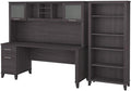 Pemberly Row 72W Office Desk with Hutch and Bookcase, Storm Gray Engineered Wood, Frosted Glass Doors, Adjustable Shelves, Wire Management, Home Office Furniture Set for Storage and Organization